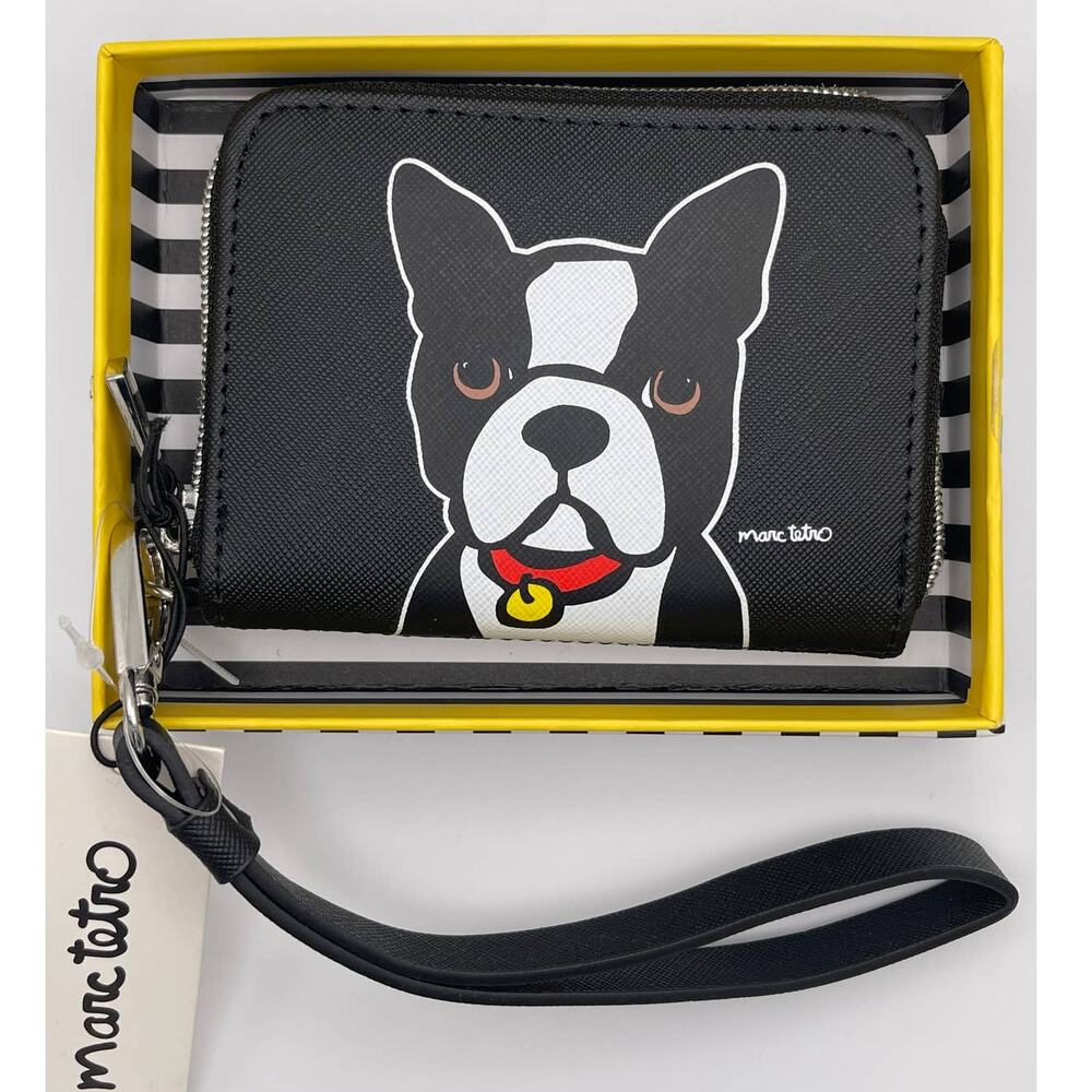 Marc Tetro Boston Terrier Wallet Wristlet Strap Bag Zipper Black White NEW